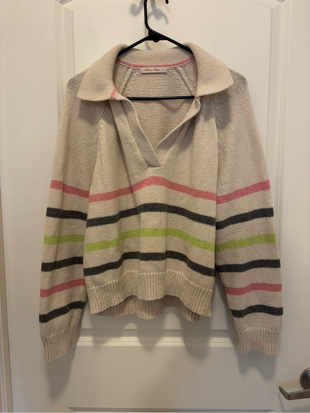 Marine Layer Cream V-Neck Sweater with Pink, Green & Black Stripes